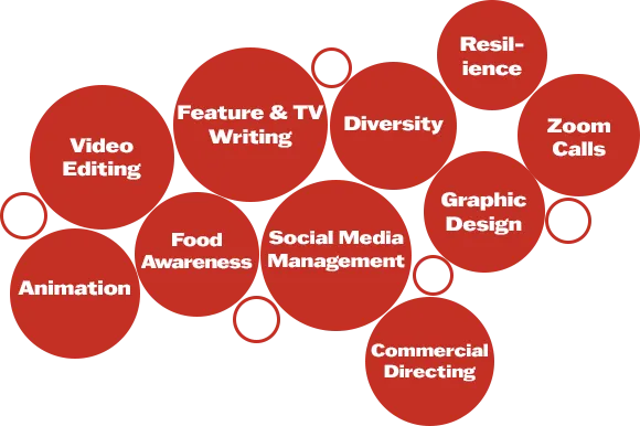 Some red bubbles filled in with some of Hotdog Sandwich's services, including 'Video Editing', 'Social Media Management', 'Diversity', and more.