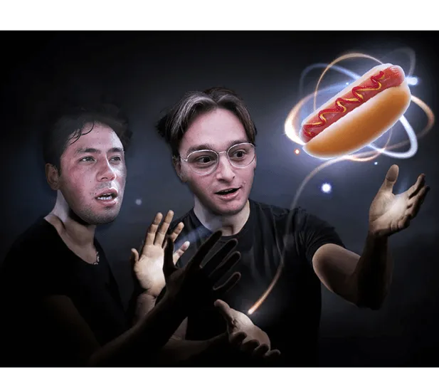 Malcolm and Spencer with a floating hotdog