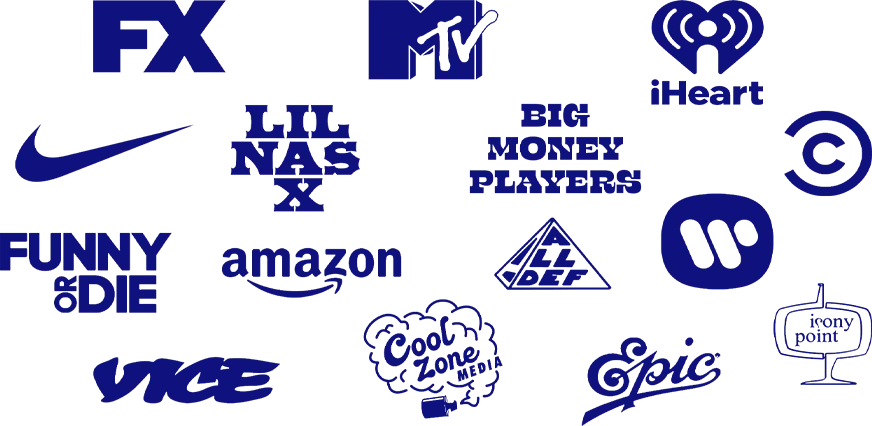 Logos of various Hotdog Sandwich clients including FX, MTV, Funny or Die, and more